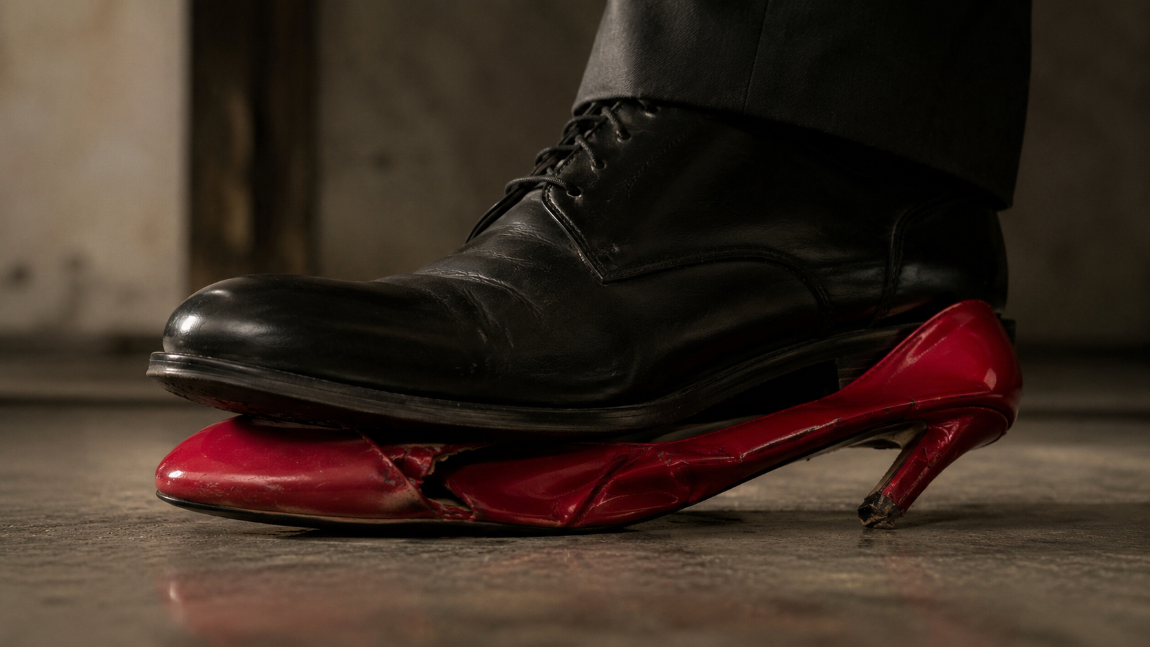 Chaussure rouge à talon dominée par une présence masculine, symbole de désir, de pouvoir et de domination
